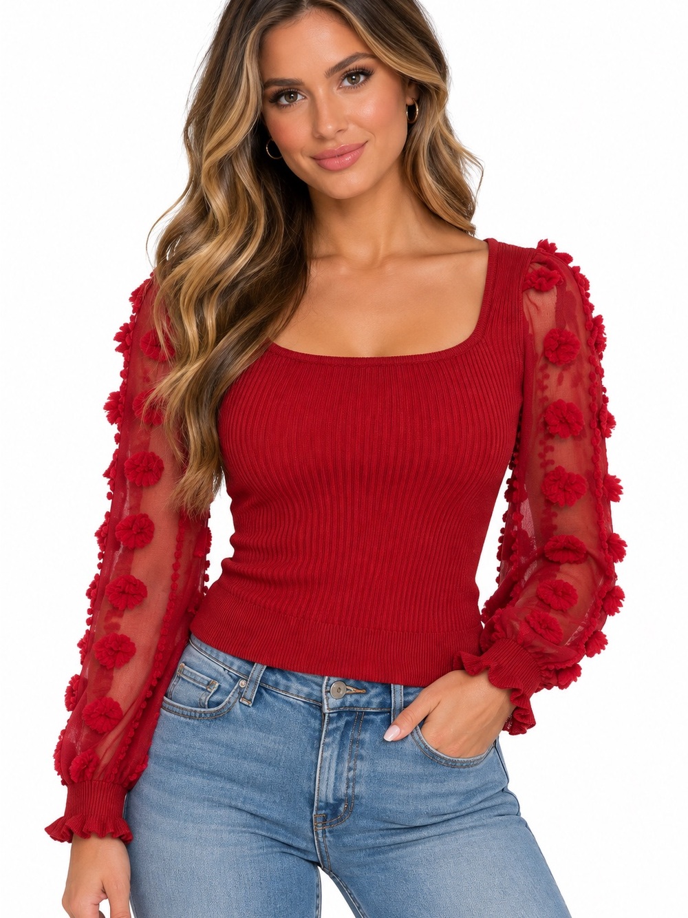 Almost Famous Red Ribbed Square Neck Top with Pom-Pom Sheer Sleeves